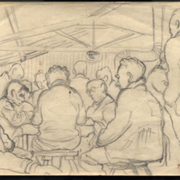 "Freizeit in Block 18", Bleistiftzeichnung von Leo Hass (Häftling des Fälscherkommandos), 1944 (Gedenkstätte Sachsenhausen)