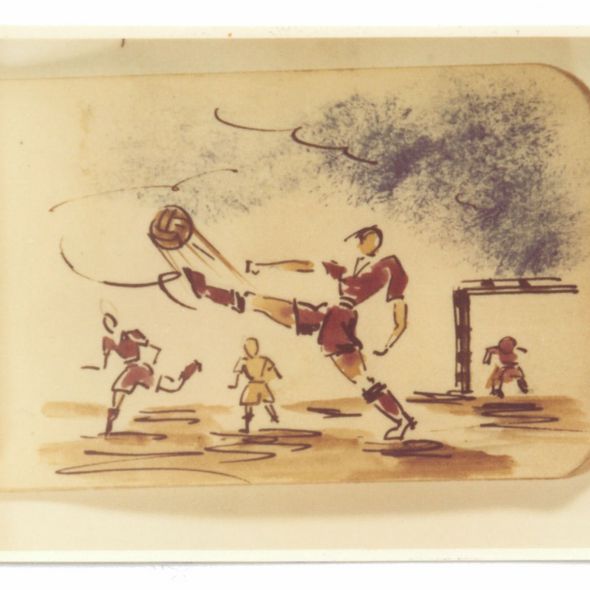 Image: Zdizław Rudowski: Football scene (drawing from a sketchbook with memories of the time before imprisonment in the camp), Akademie der Künste, Berlin, Collection of Concentration Camp Songs No. 153. Image: Zdizław Rudowski: Football scene (drawing from a sketchbook with memories of the time before imprisonment in the camp), Akademie der Künste, Berlin, Collection of Concentration Camp Songs No. 153.