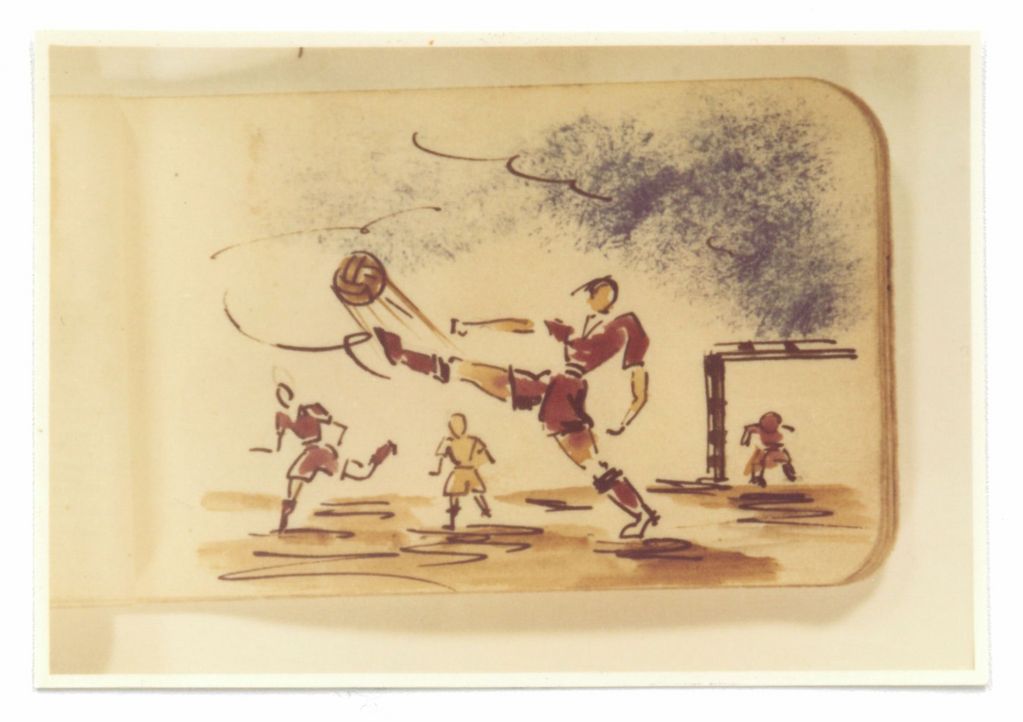 Image: Zdizław Rudowski: Football scene (drawing from a sketchbook with memories of the time before imprisonment in the camp), Akademie der Künste, Berlin, Collection of Concentration Camp Songs No. 153.